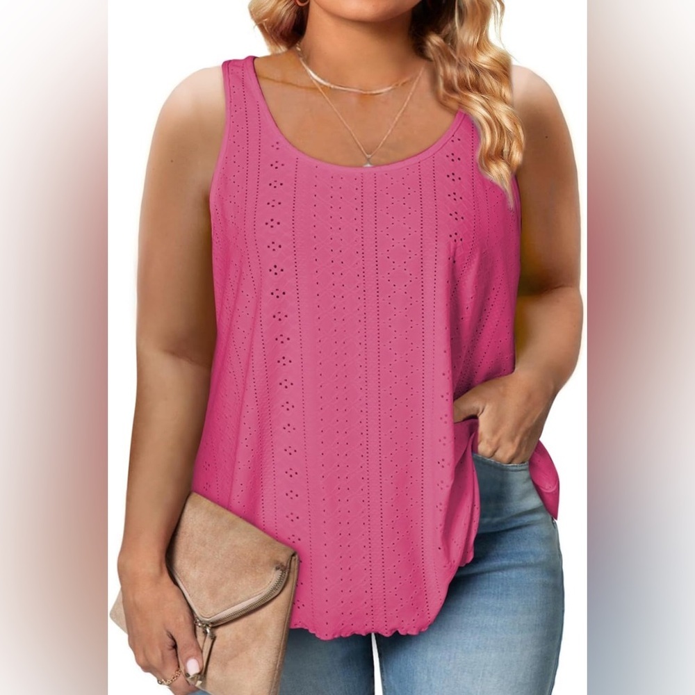 Womens Plus Size Tank Tops Summer Eyelet Embroidery Sleeveless T-Shirts Tops